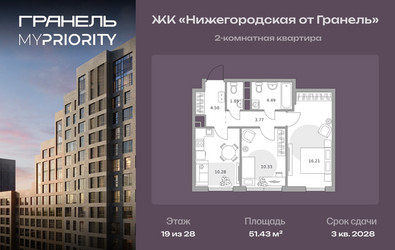 Планировка двухкомнатной(квартира) площадью 51.43 квадратных метров в ЖК “ЖК Нижегородская от Гранель”