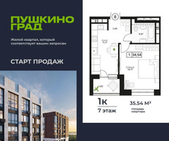 Планировка однокомнатной(квартира) площадью 35.54 квадратных метров в “ЖК Пушкино Град”