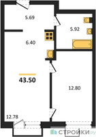 Планировка однокомнатной(квартира) площадью 43.5 квадратных метров в “ЖК УНО Соколиная гора”