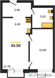 Планировка однокомнатной(квартира) площадью 43.5 квадратных метров в ЖК “ЖК УНО Соколиная гора”