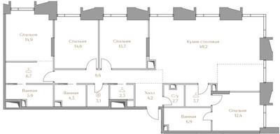 Планировка 4+ комнатной(квартира) площадью 156.2 квадратных метров в ЖК “ЖК Коллекция Лужники”