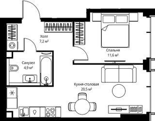 Планировка однокомнатной(квартира) площадью 44.2 квадратных метров в ЖК “ЖК Веер”