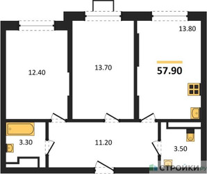 Планировка двухкомнатной(квартира) площадью 57.9 квадратных метров в ЖК “ЖК Видный берег 2”