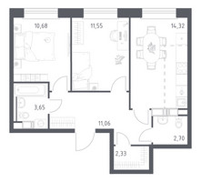 Планировка двухкомнатной(квартира) площадью 56.29 квадратных метров в “ЖК ЭкоБунино (Южное Бунино)”