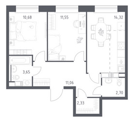 Планировка двухкомнатной(квартира) площадью 56.29 квадратных метров в ЖК “ЖК ЭкоБунино (Южное Бунино)”