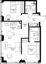 Планировка двухкомнатной(квартира) площадью 59.4 квадратных метров в ЖК “ЖК СЕТ”