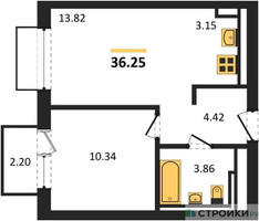 Планировка однокомнатной(квартира) площадью 36.25 квадратных метров в “ЖК Рублевский Квартал”
