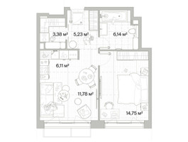 Планировка однокомнатной(квартира) площадью 47.39 квадратных метров в “Архитектурный проект Мыс”