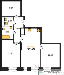 Планировка двухкомнатной(квартира) площадью 64.9 квадратных метров в ЖК “ЖК Первый Московский”