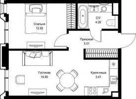 Планировка однокомнатной(квартира) площадью 43 квадратных метров в “Дом премиум-класса МИРА”