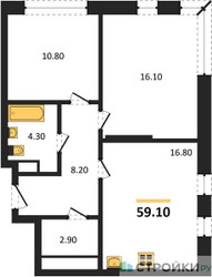 Планировка двухкомнатной(квартира) площадью 59.1 квадратных метров в ЖК “ЖК Переделкино Ближнее”