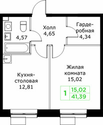 Планировка однокомнатной(квартира) площадью 41.39 квадратных метров в ЖК “ЖК КИТ 2”