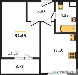 Планировка однокомнатной(квартира) площадью 34.45 квадратных метров в ЖК “Жилые кварталы Новое Пушкино”
