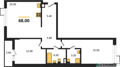 Планировка двухкомнатной(квартира) площадью 68 квадратных метров в ЖК “ЖК Деснаречье”