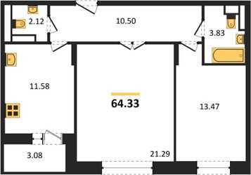 Планировка двухкомнатной(квартира) площадью 64.33 квадратных метров в ЖК “ЖК Преображенская Площадь”