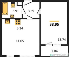 Планировка однокомнатной(квартира) площадью 38.95 квадратных метров в “Жилые кварталы Новое Пушкино”