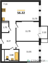 Планировка двухкомнатной(квартира) площадью 56.22 квадратных метров в ЖК “ЖК Остафьево”