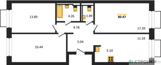 Планировка трехкомнатной(квартира) площадью 80.47 квадратных метров в “ЖК Мытищи Парк”