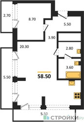 Планировка однокомнатной(квартира) площадью 58.5 квадратных метров в ЖК “ЖК Квартал Издание”