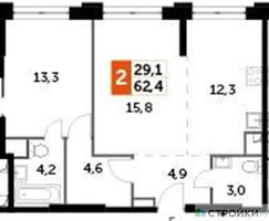 Планировка однокомнатной(квартира) площадью 62.4 квадратных метров в “ЖК Sydney City (Сидней Сити)”