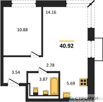 Планировка однокомнатной(квартира) площадью 40.92 квадратных метров в “ЖК Квартал Западный”