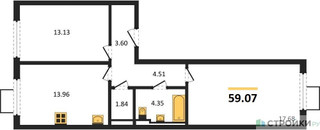 Планировка двухкомнатной(квартира) площадью 59.07 квадратных метров в “ЖК Горки Парк”