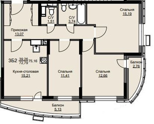 Планировка трехкомнатной(квартира) площадью 74.7 квадратных метров в ЖК “ЖК Соболевка”