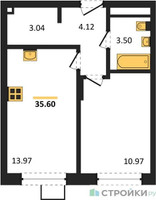 Планировка однокомнатной(квартира) площадью 35.6 квадратных метров в “ЖК Новоград Павлино”