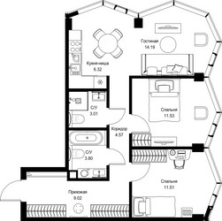 Планировка двухкомнатной(квартира) площадью 64 квадратных метров в ЖК “Дом премиум-класса МИРА”
