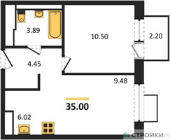 Планировка однокомнатной(квартира) площадью 35 квадратных метров в “ЖК Пятницкие луга”