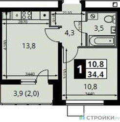Планировка однокомнатной(квартира) площадью 34.4 квадратных метров в “ЖК 1-й Южный (Первый Южный)”