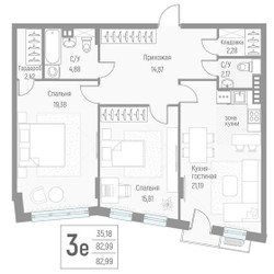 Планировка трехкомнатной(квартира) площадью 82.9 квадратных метров в ЖК “ЖК Эльйон”