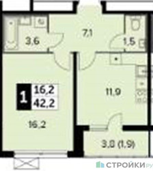 Планировка однокомнатной(квартира) площадью 42.1 квадратных метров в ЖК “ЖК 1-й Ленинградский (Первый Ленинградский)”