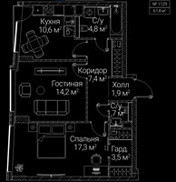 Планировка двухкомнатной(квартира) площадью 61.4 квадратных метров в “ЖК СЕЗАР БУДУЩЕЕ”