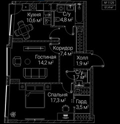 Планировка двухкомнатной(квартира) площадью 61.4 квадратных метров в ЖК “ЖК СЕЗАР БУДУЩЕЕ”