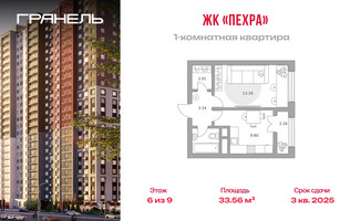Планировка однокомнатной(квартира) площадью 33.56 квадратных метров в “ЖК Пехра”