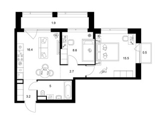 Планировка двухкомнатной(квартира) площадью 53.8 квадратных метров в ЖК “Бунинская набережная”