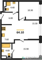 Планировка двухкомнатной(квартира) площадью 64.1 квадратных метров в “ЖК STONE Sokolniki (Сокольники)”