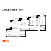 Планировка трехкомнатной(квартира) площадью 67.5 квадратных метров в “ЖК Середневский лес”