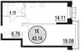 Планировка однокомнатной(квартира) площадью 43.14 квадратных метров в “ЖК Солнечный парк”