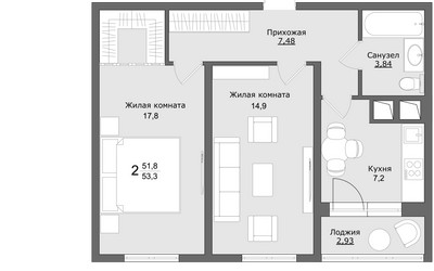 Планировка двухкомнатной(квартира) площадью 53.3 квадратных метров в ЖК “ЖК Клевер”