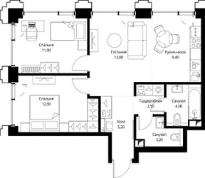 Планировка двухкомнатной(квартира) площадью 63.5 квадратных метров в ЖК “ЖК СЕТ”