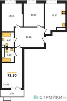 Планировка трехкомнатной(квартира) площадью 72.3 квадратных метров в “ЖК Прокшино”