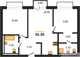 Планировка двухкомнатной(квартира) площадью 55.3 квадратных метров в “ЖК Равновесие”
