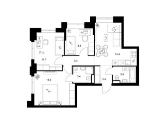 Планировка трехкомнатной(квартира) площадью 64.9 квадратных метров в ЖК “ЖК Середневский лес”