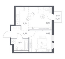 Планировка однокомнатной(квартира) площадью 37.61 квадратных метров в “ЖК Космический Квартал”