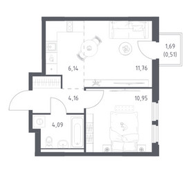 Планировка однокомнатной(квартира) площадью 37.61 квадратных метров в ЖК “ЖК Космический Квартал”