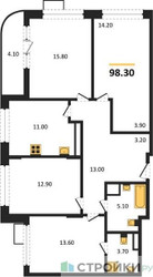 Планировка 4+ комнате(квартира) площадью 98.3 квадратных метров в “ЖК Прокшино”