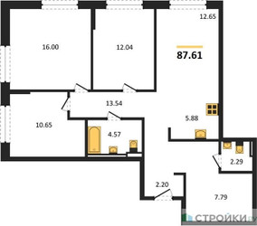 Планировка трехкомнатной(квартира) площадью 87.61 квадратных метров в ЖК “ЖК Квартал Марьино”