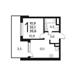 Планировка однокомнатной(квартира) площадью 35.6 квадратных метров в ЖК “Новые Ватутинки. Заречный”